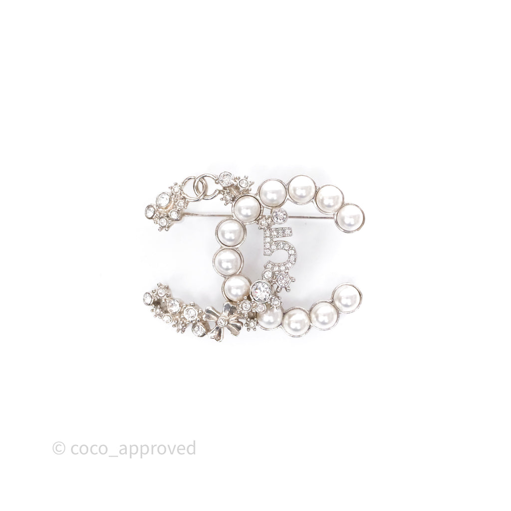 Chanel CC No5 Pearl Crystal Brooch Silver Tone 23P