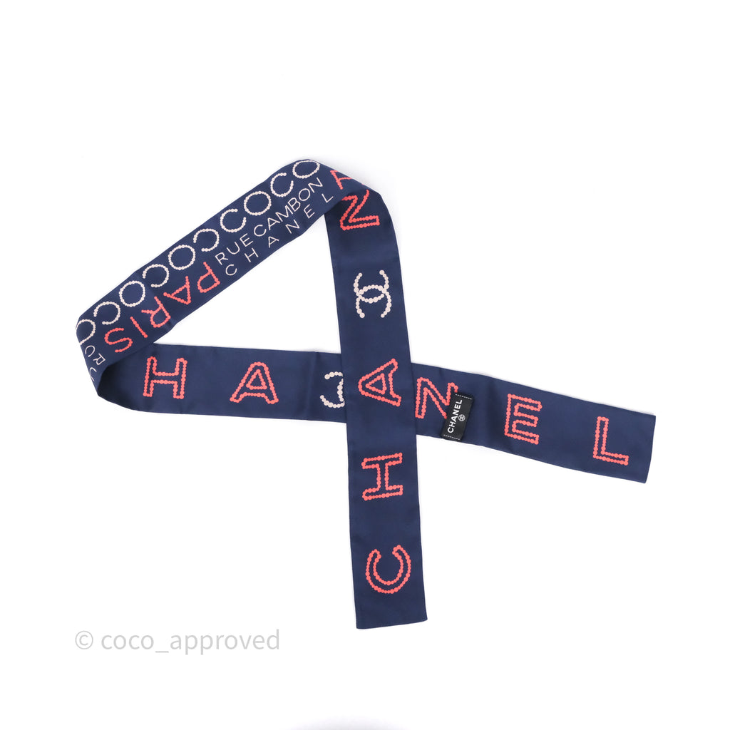 Chanel CC Logo Silk Twilly in Navy/ Pink