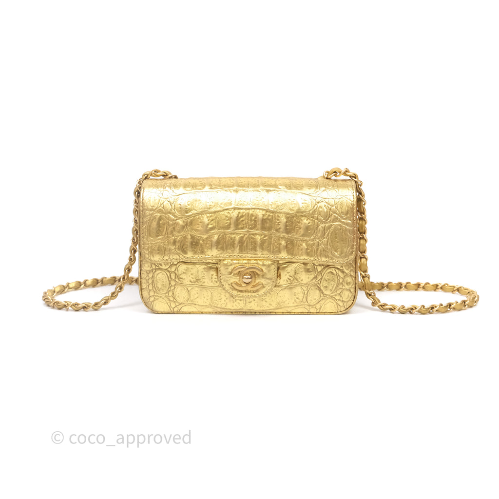 Chanel Mini Rectangular Gold Metallic Calfskin Crocodile Embossed