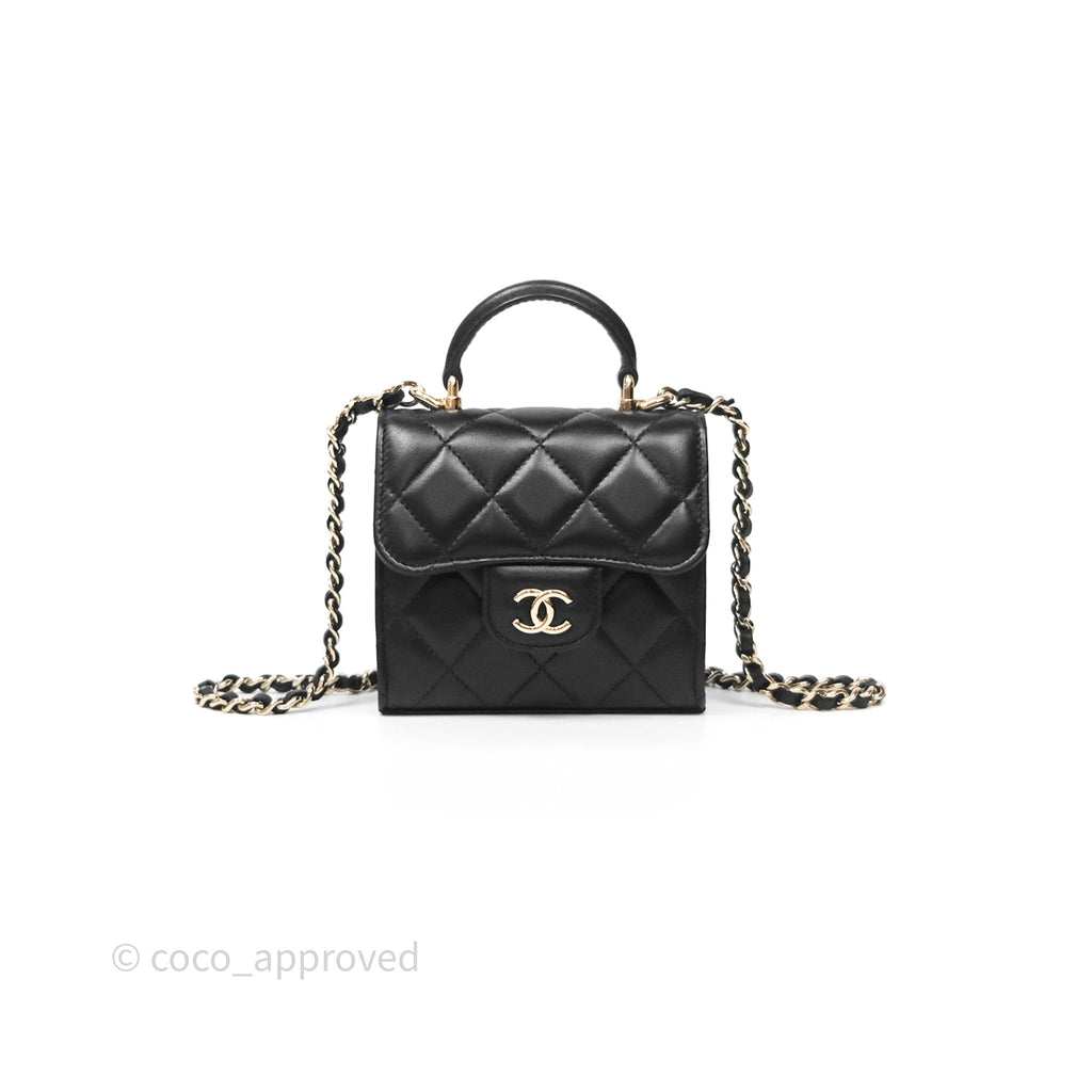 Chanel Mini Handle Clutch With Chain Black Lambskin Gold Hardware
