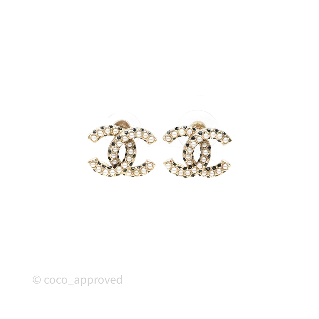Chanel CC Crystals Pearl Earrings Gold Tone 21A