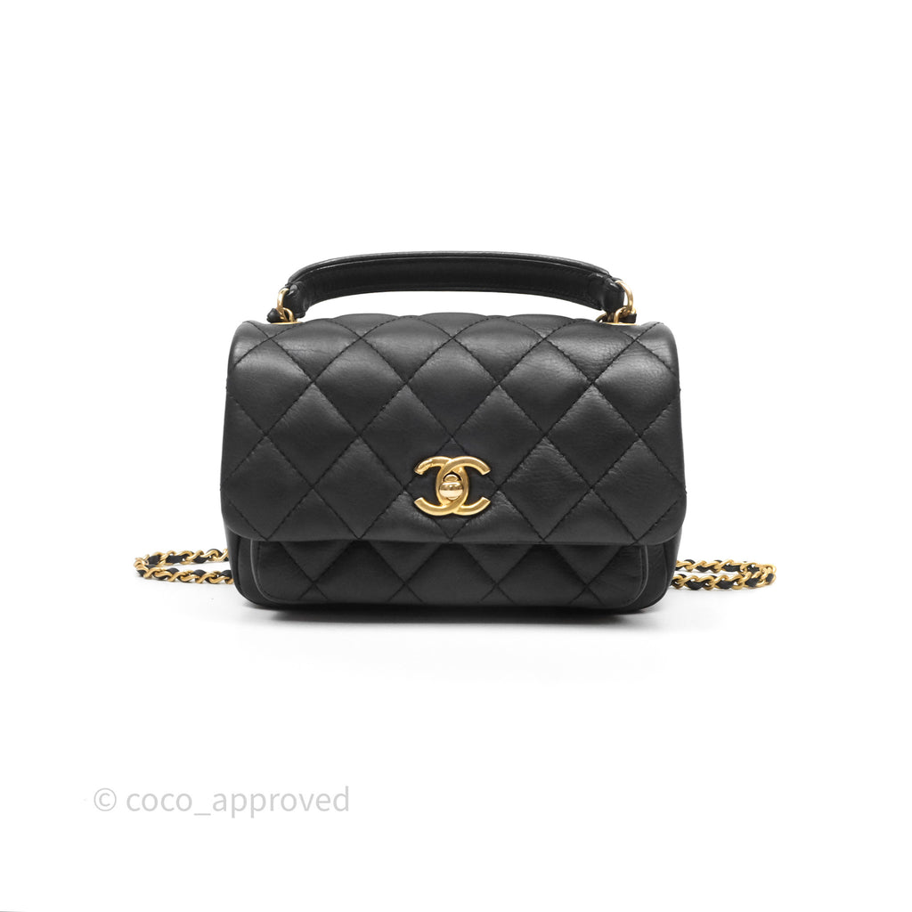 Chanel Mini Flap Top Handle Black Calfskin Aged Gold Hardware