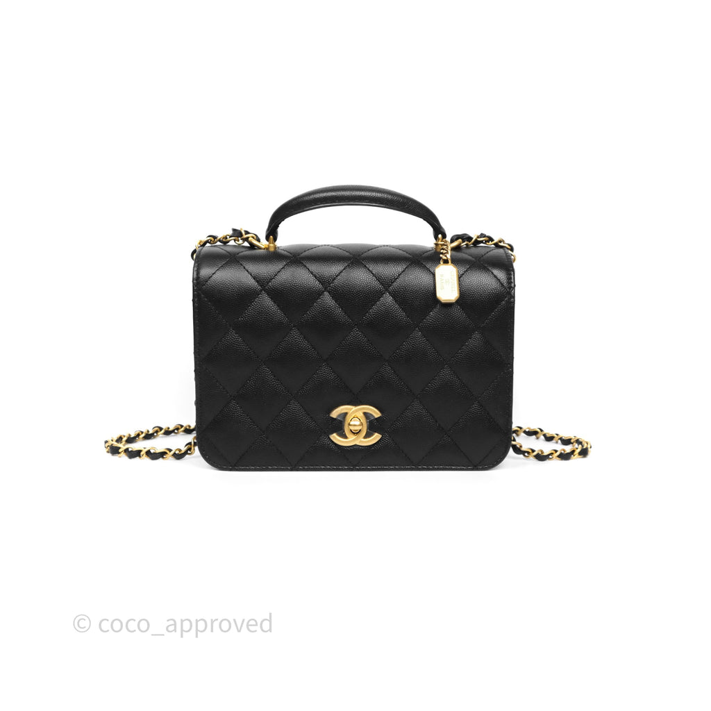 Chanel Quilted Accordion Flap Bag with Handle Black Caviar Aged Gold Hardware 23B