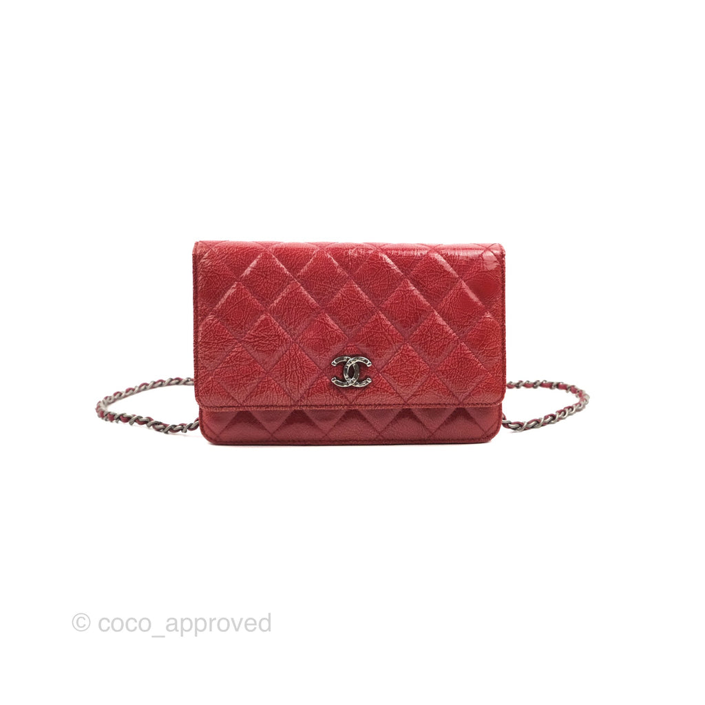 Chanel Quilted Paris Dallas Wallet On Chain WOC Patent Goatskin Cherry Red Ruthenium Hardware