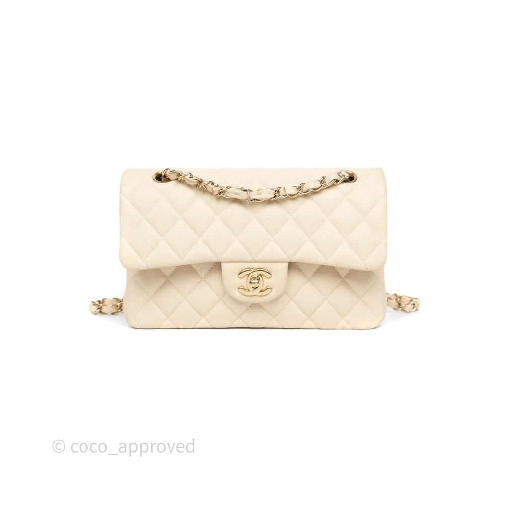 Chanel Small Classic Flap Quilted Light Ivory Beige Caviar Gold Hardware