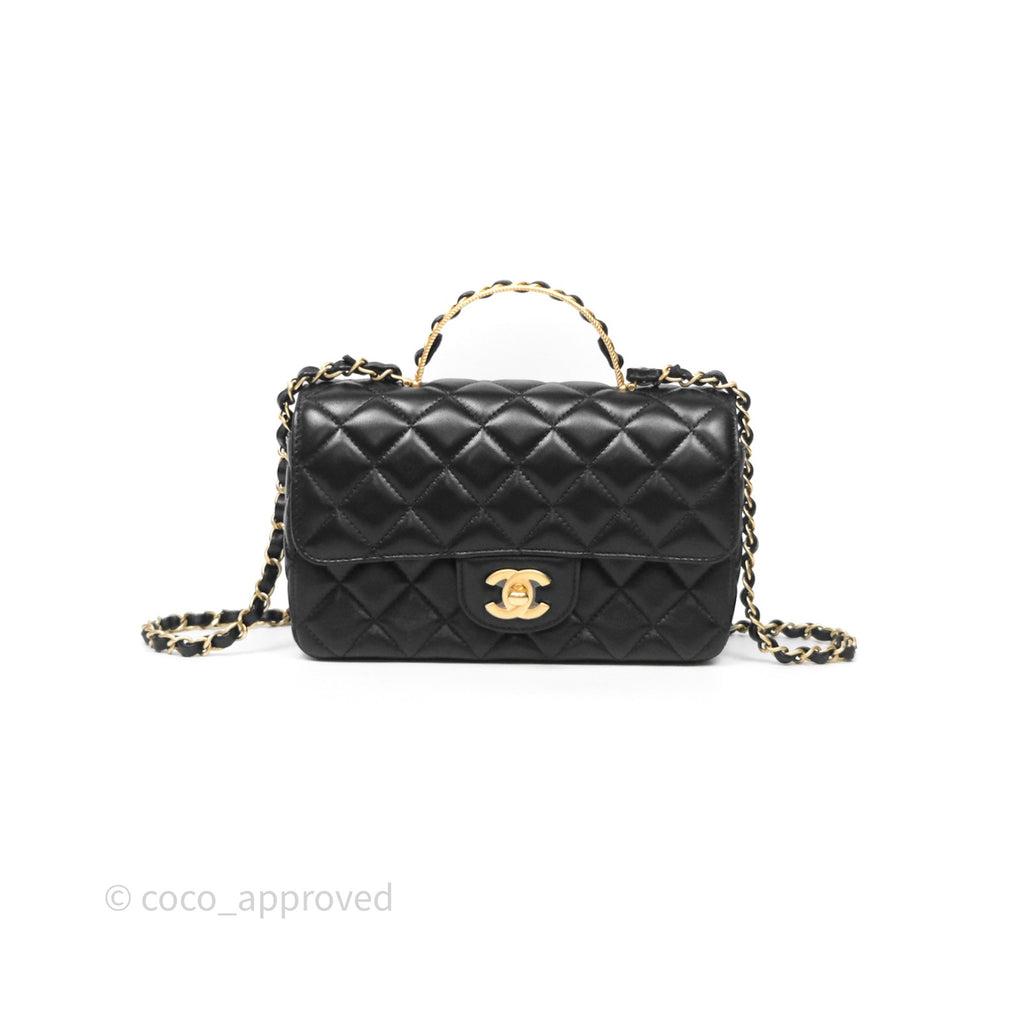 Chanel Top Handle Mini Rectangular Flap Bag Black Lambskin Aged Gold Hardware