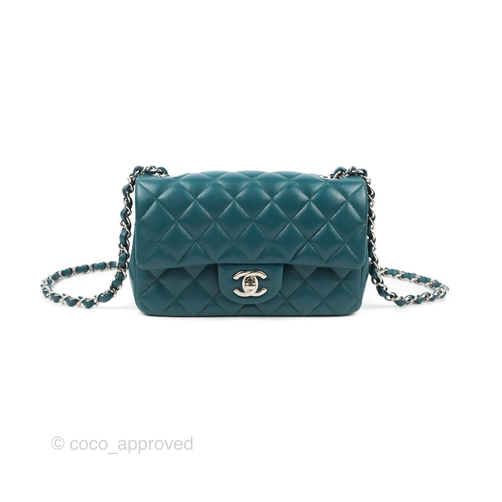 Chanel Quilted Mini Rectangular Flap Teal Green Caviar Silver Hardware