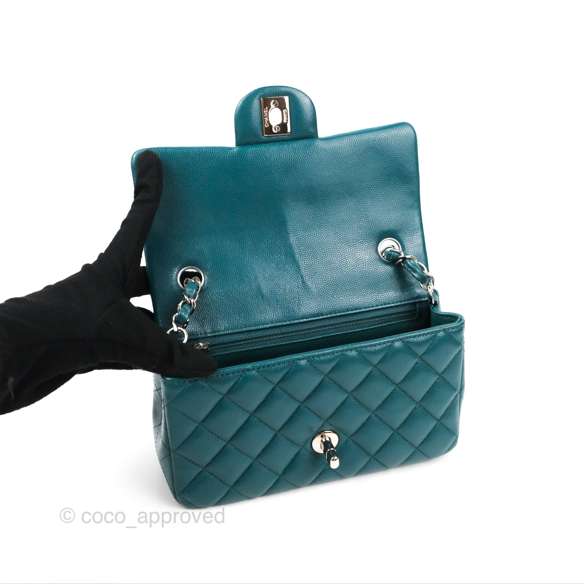 Chanel Quilted Mini Rectangular Flap Teal Green Caviar Silver
