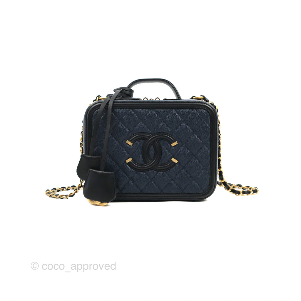 Chanel Quilted Medium CC Filigree Vanity Case Navy Black Caviar Aged Gold Hardware