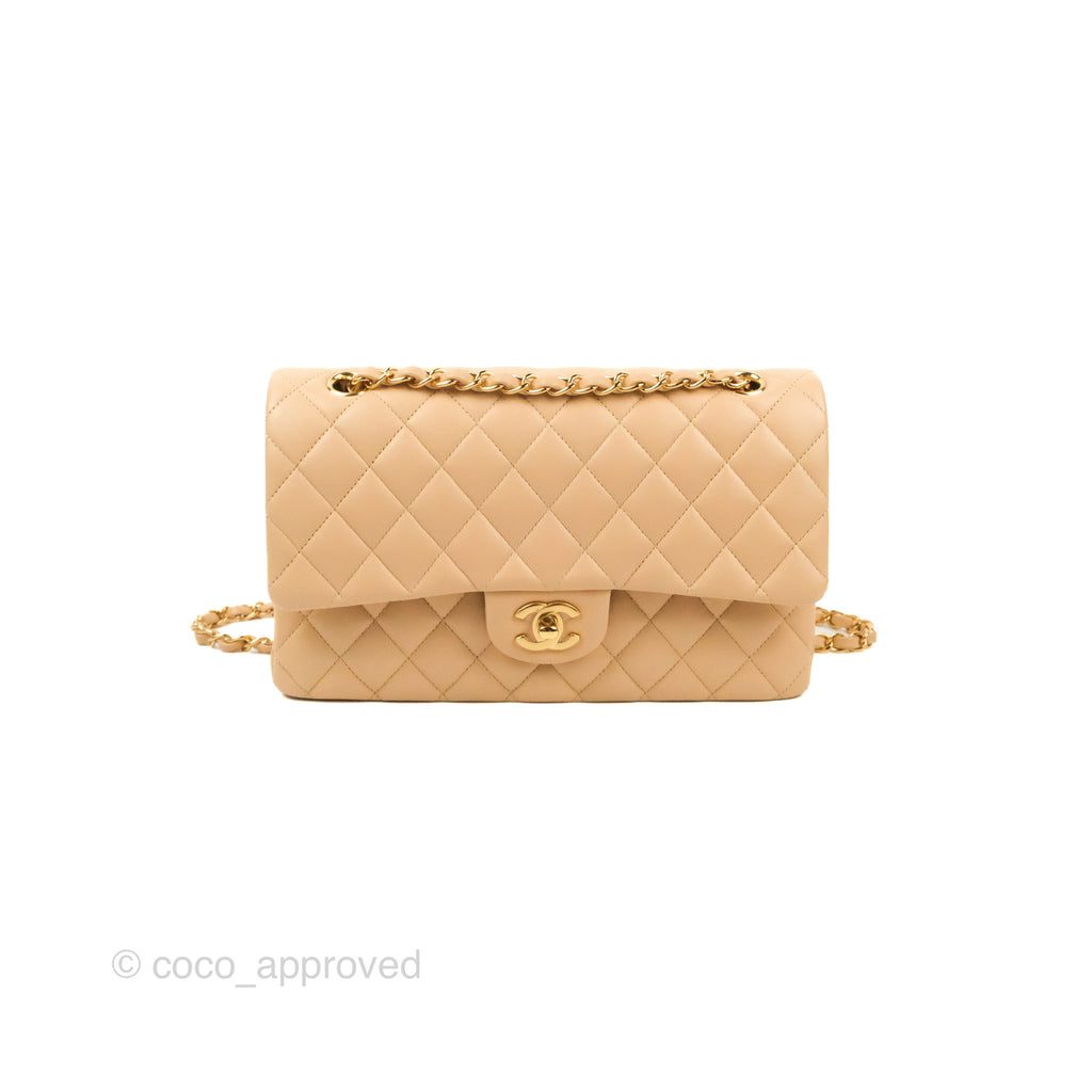 Chanel Classic M/L Medium Flap Quilted Beige Lambskin Gold Hardware