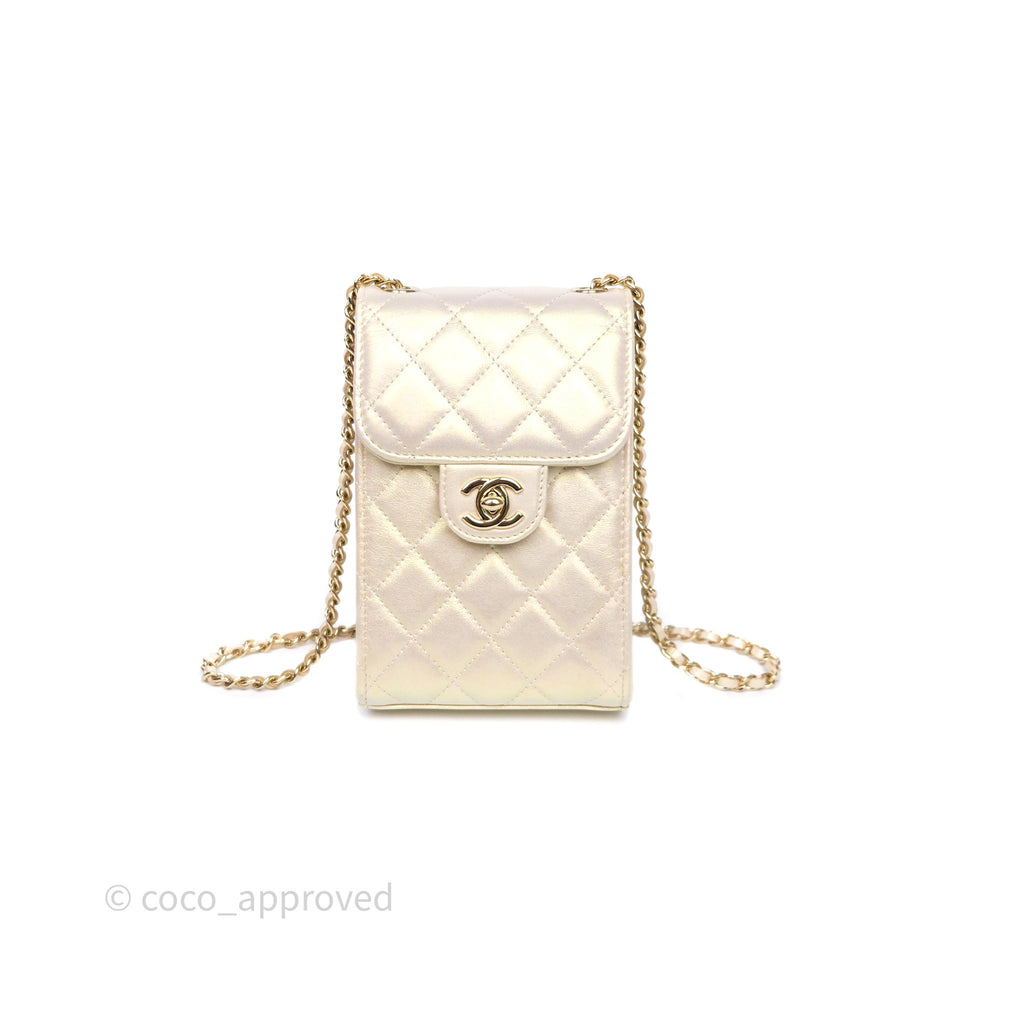 Chanel Classic Quilted Phone Holder Iridescent Pearl Lambskin