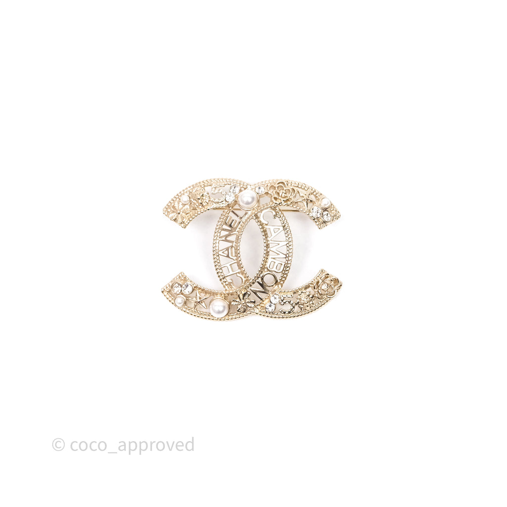 Chanel CC Pearl Crystal Brooch Gold Tone 21V