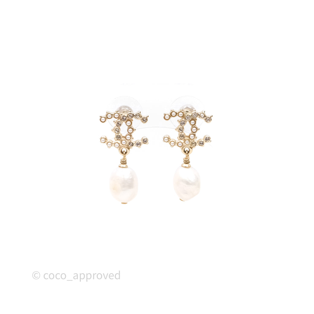 Chanel CC Crystal Pearl Drop Earrings Gold Tone 20B