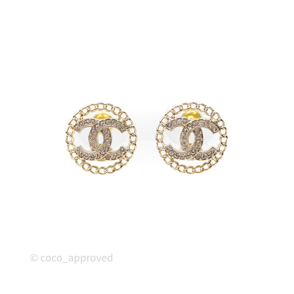 Chanel CC Crystal Round Earrings Gold Tone 25B