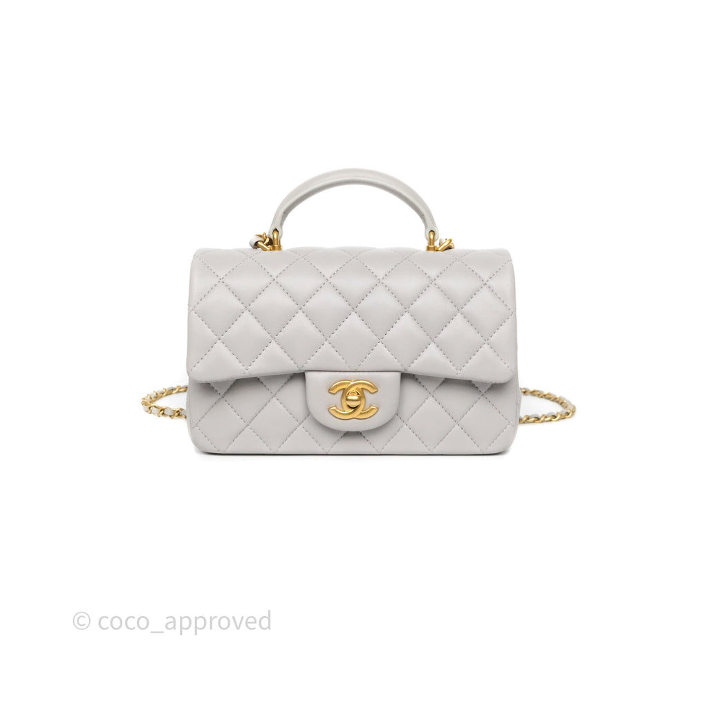 Chanel Top Handle Mini Rectangular Flap Grey Lambskin Aged Gold Hardware