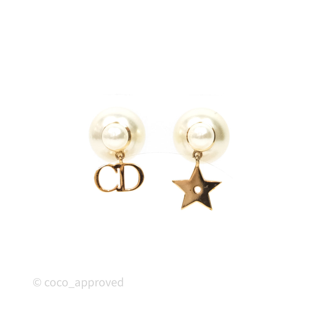 Christian Dior Pearl Tribales CD Drop Star Earrings Gold Tone