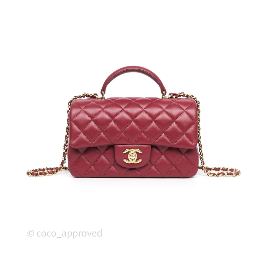 Chanel Top Handle Mini Rectangular Flap Dark Red Lambskin Gold Hardware