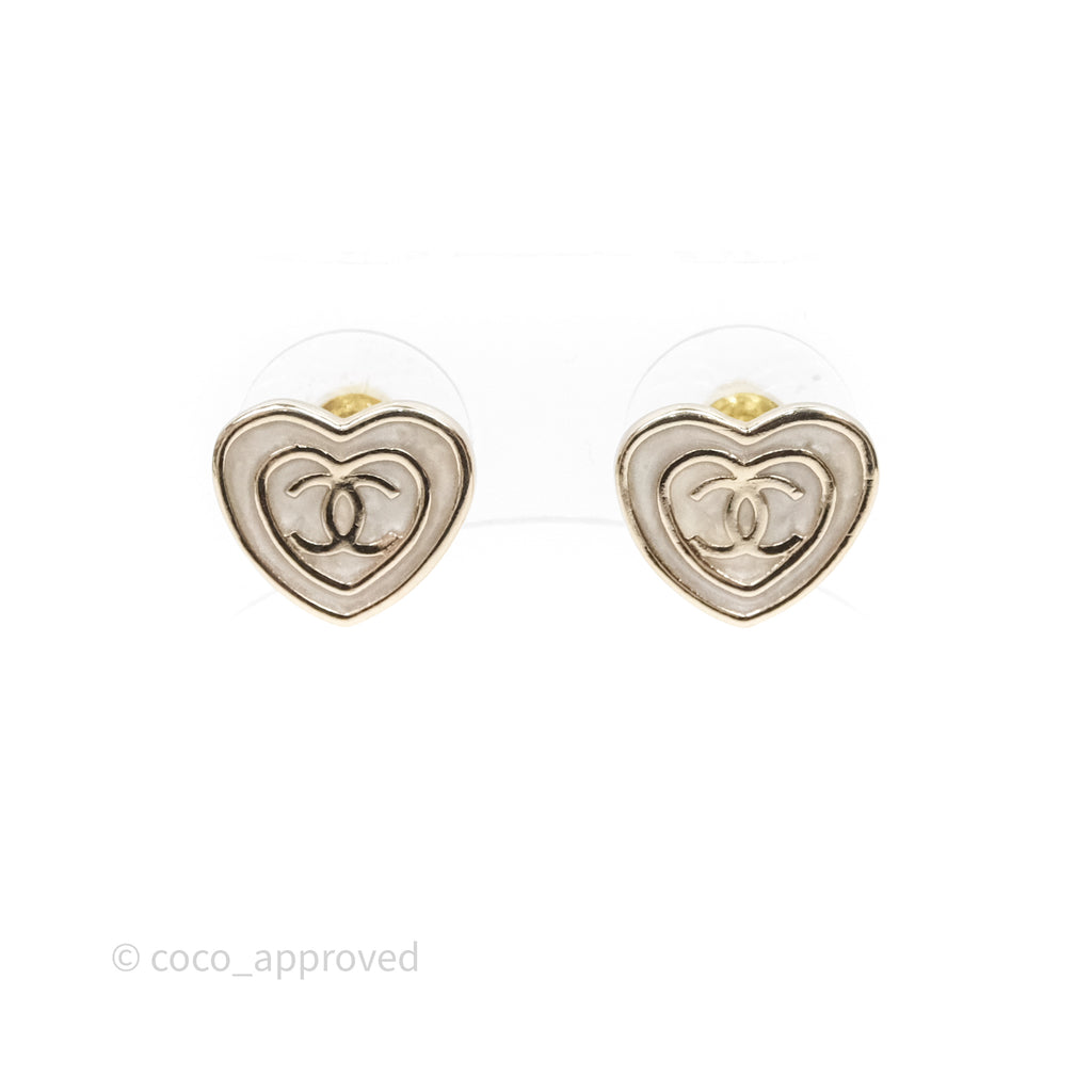 Chanel CC Heart Earrings White Gold Tone 24S