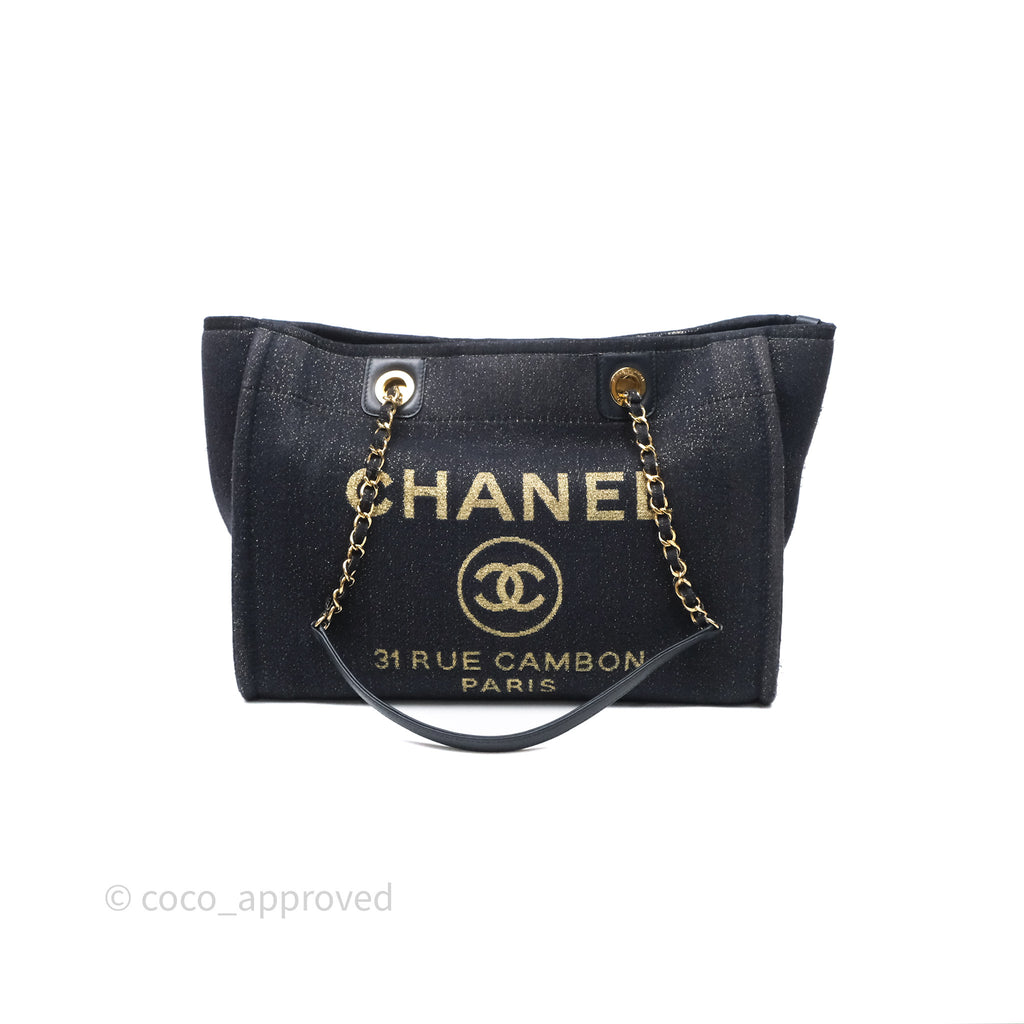 Chanel Medium Deauville Tote Navy Glitter Canvas Gold Hardware