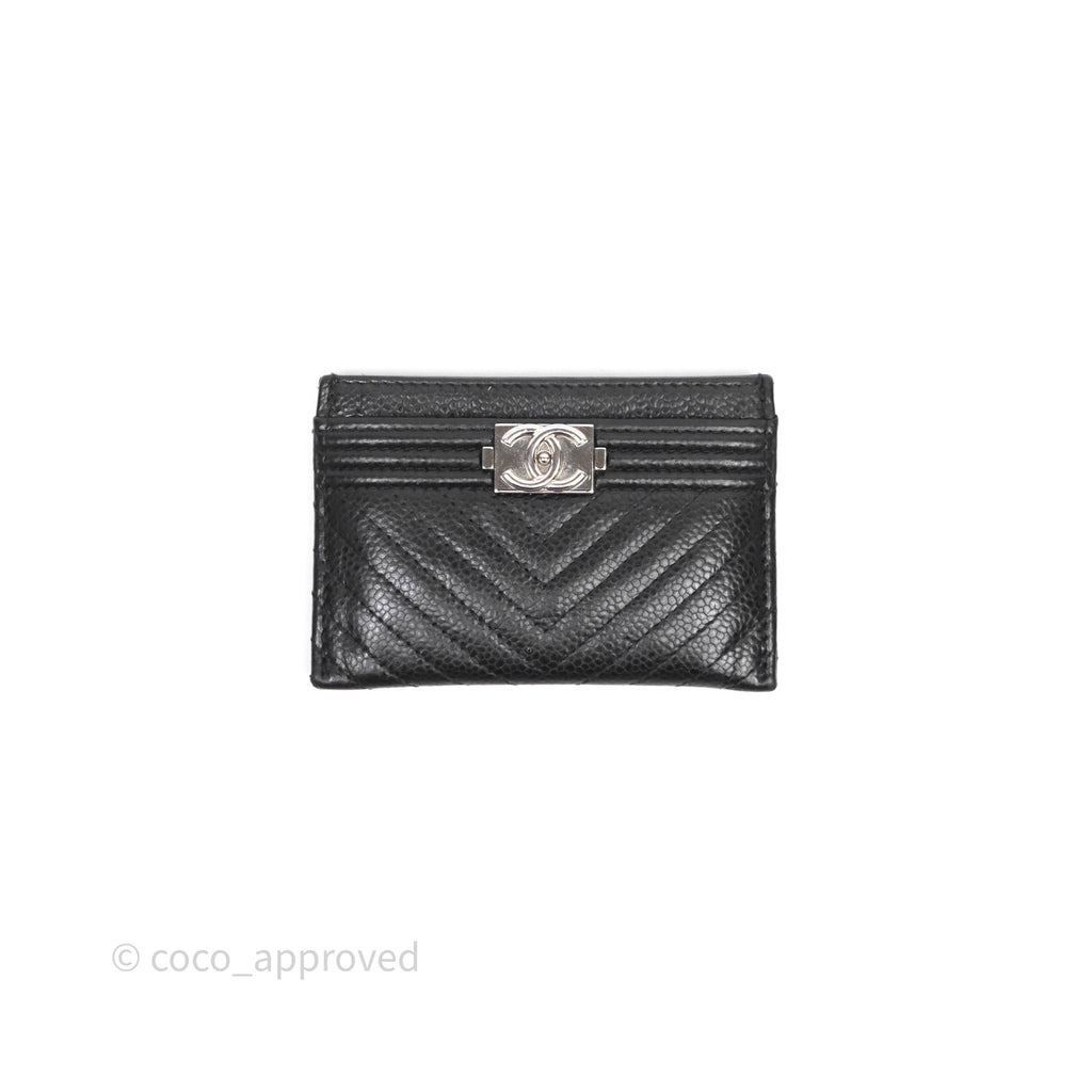 Chanel Chevron Boy Card Holder Black Caviar Sliver Hardware