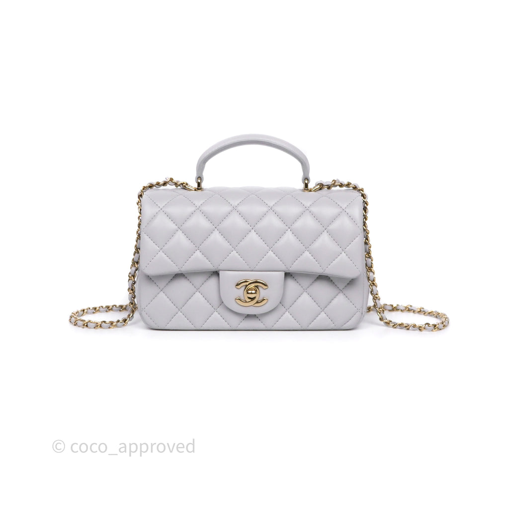 Chanel Top Handle Mini Rectangular Flap Light Grey Lambskin Gold Hardware
