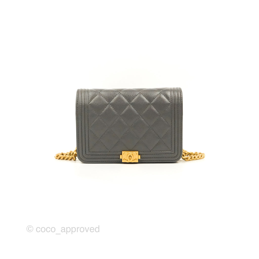 Chanel Quilted Boy Clutch with Chain Dark Grey Caviar Aged Gold Hardware