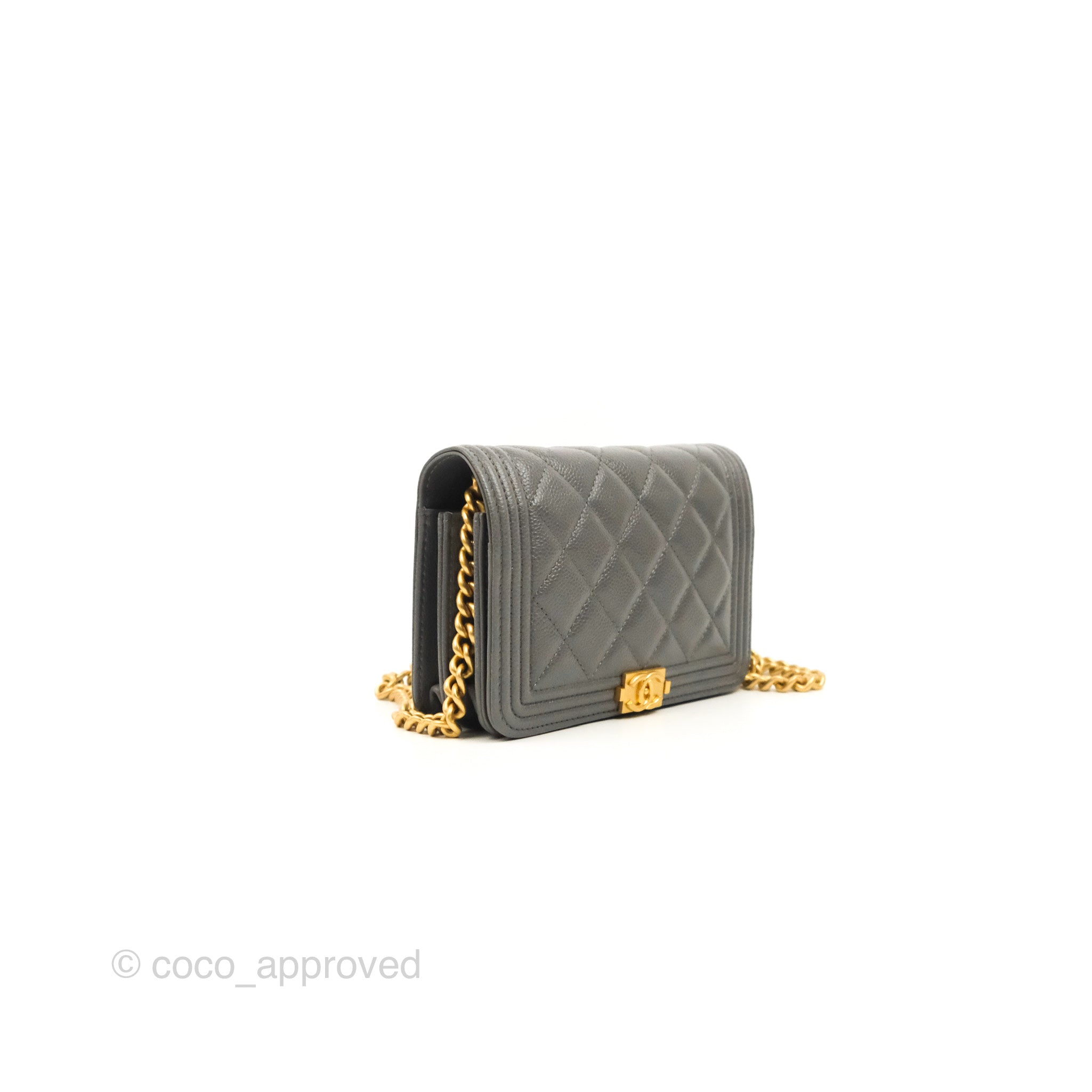 CHANEL Boy Wallet on Chain in Grey Caviar with Gold Hardware WOC