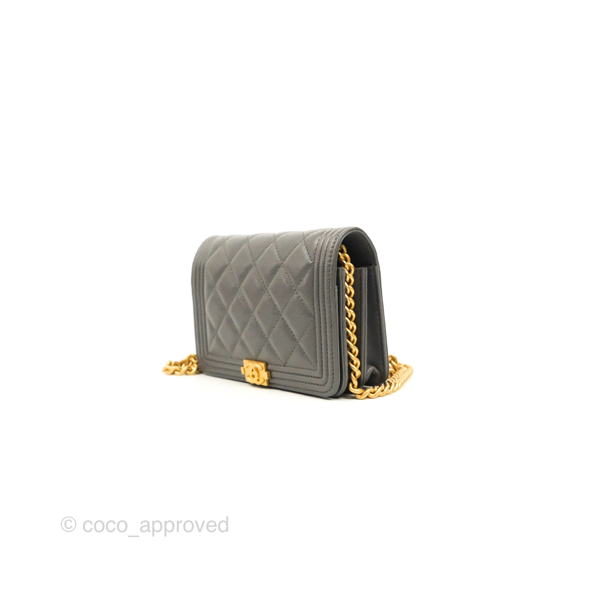 Chanel Quilted Mini WOC Wallet on Chain Boy Grey Caviar Aged Gold Hard –  Coco Approved Studio