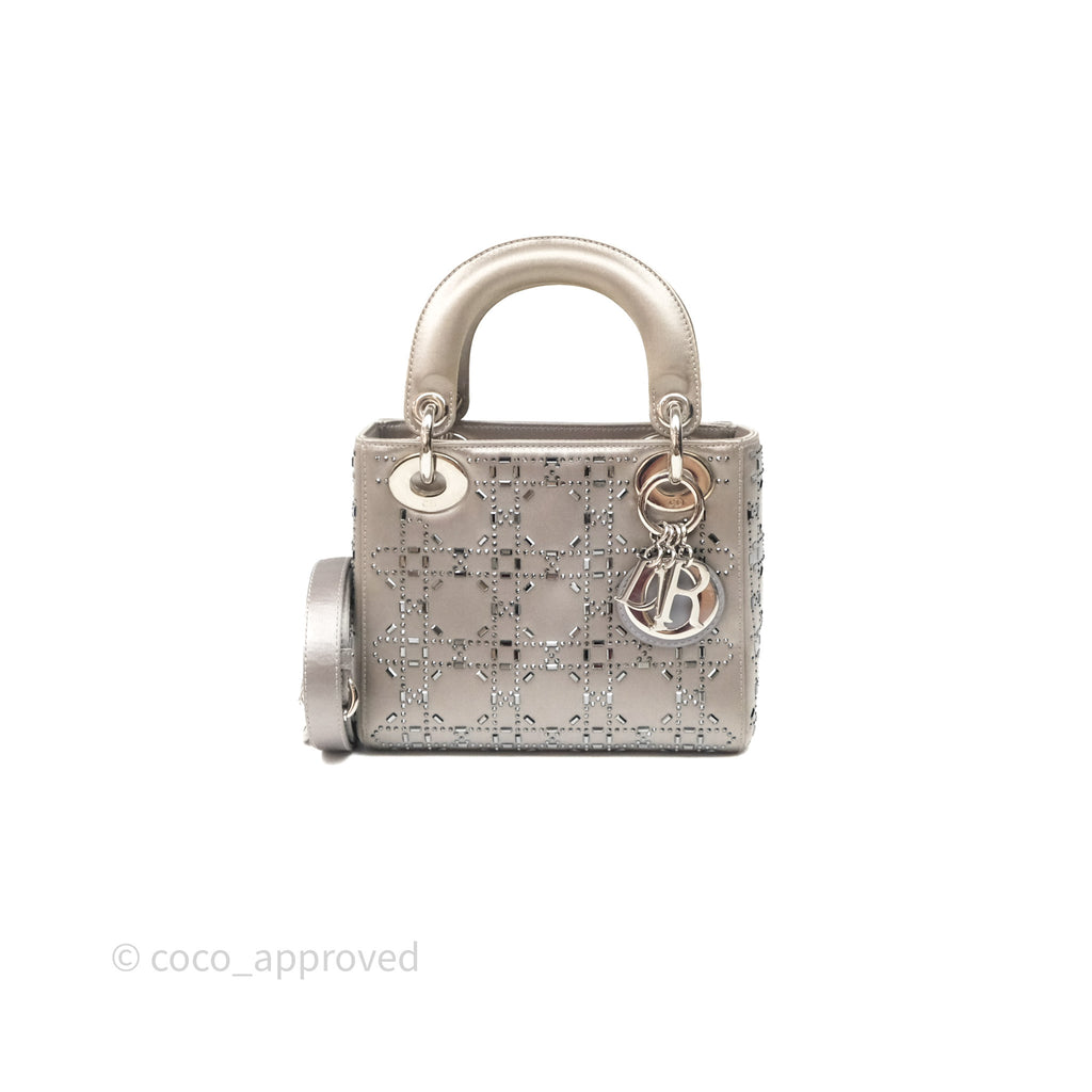 Christian Dior Mini Lady Dior Bag Grey Strass Cannage Satin Silver Hardware