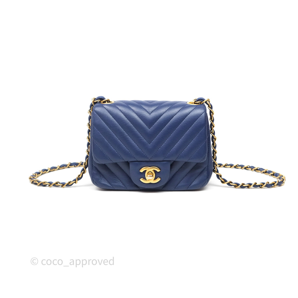 Chanel Quilted Mini Square Chevron Navy Lambskin Gold Hardware