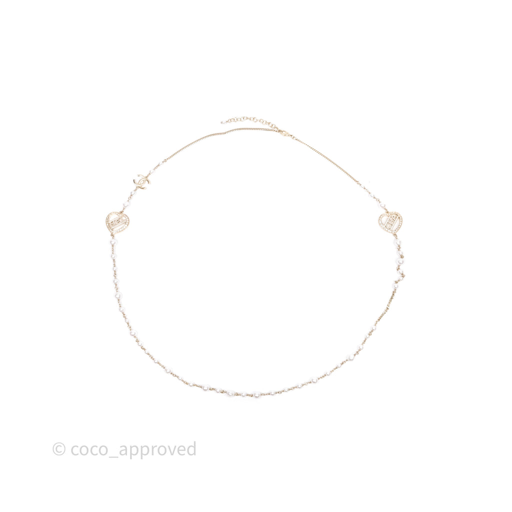 Chanel CC Pearl Crystal Heart Long Necklace Gold Tone 23B