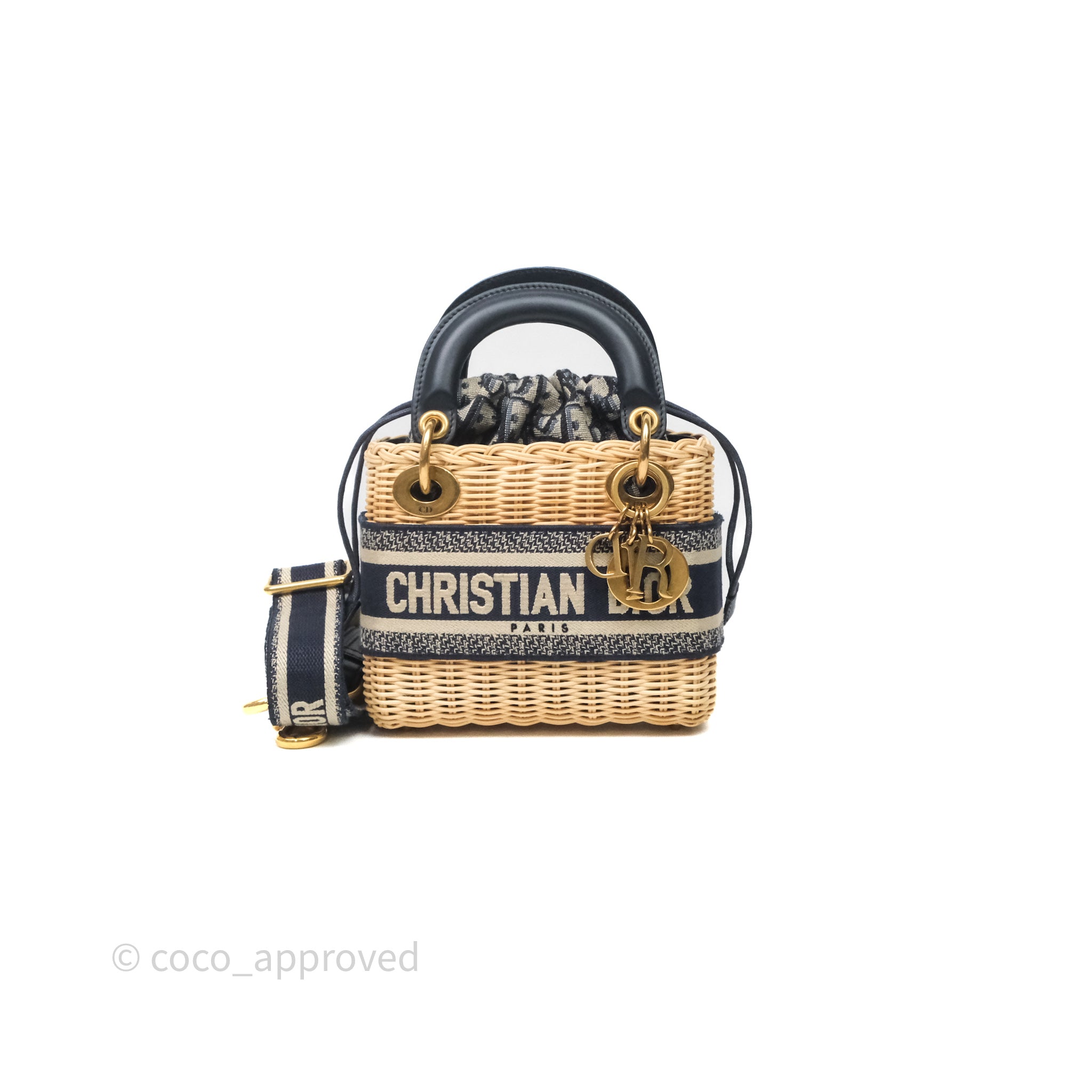 Christian Dior Mini Lady Dior Natural Rattan and Blue Dior Oblique