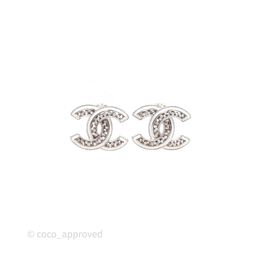 Chanel CC Crystal White Earrings Silver Tone 25C