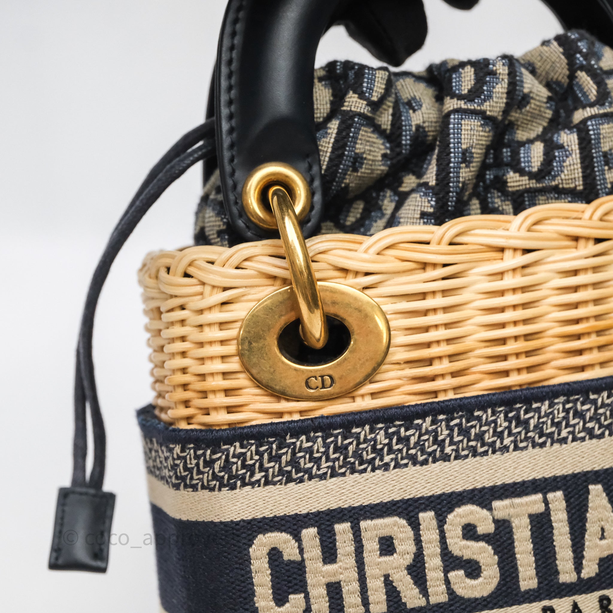 Christian Dior Mini Lady Dior Natural Rattan and Blue Dior Oblique