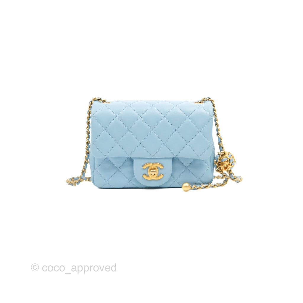 Chanel Mini Square Pearl Crush Light Blue Lambskin Aged Gold Hardware