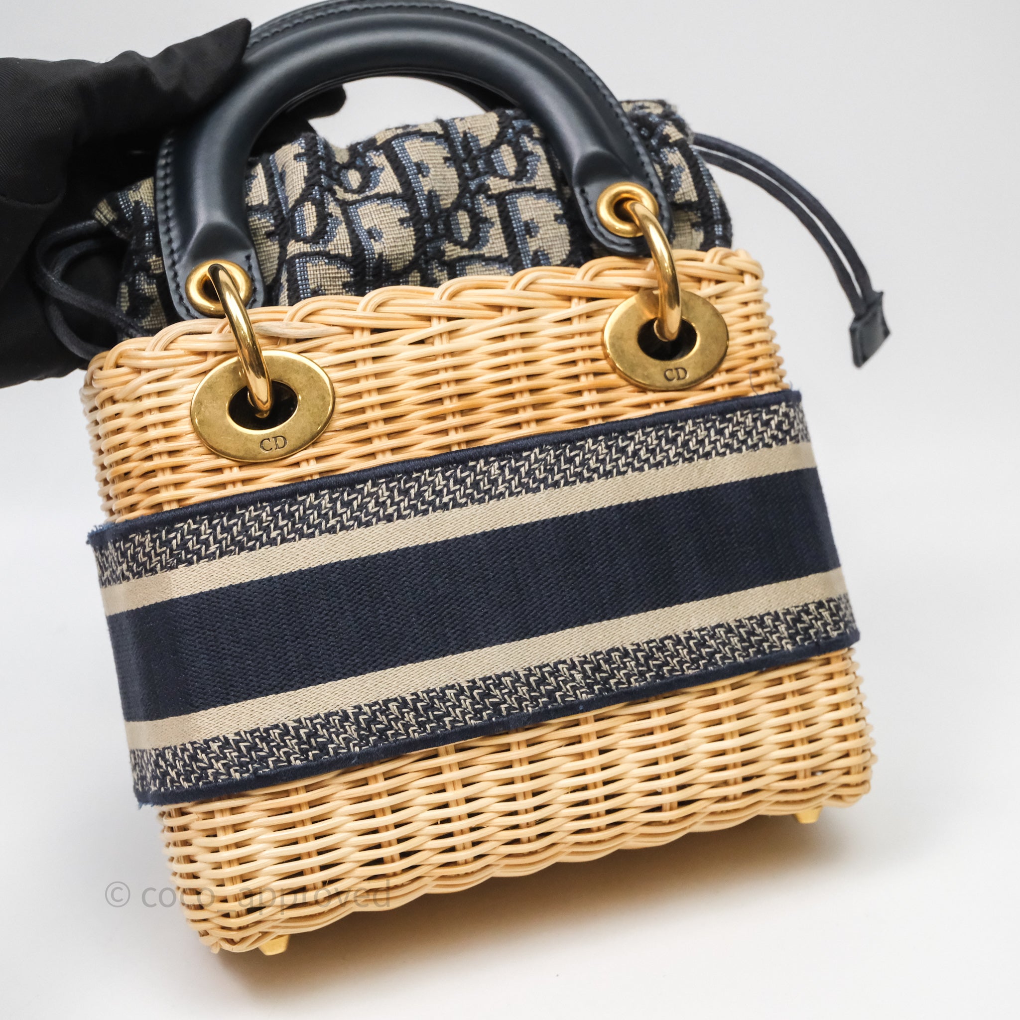 Christian Dior Mini Lady Dior Natural Rattan and Blue Dior Oblique