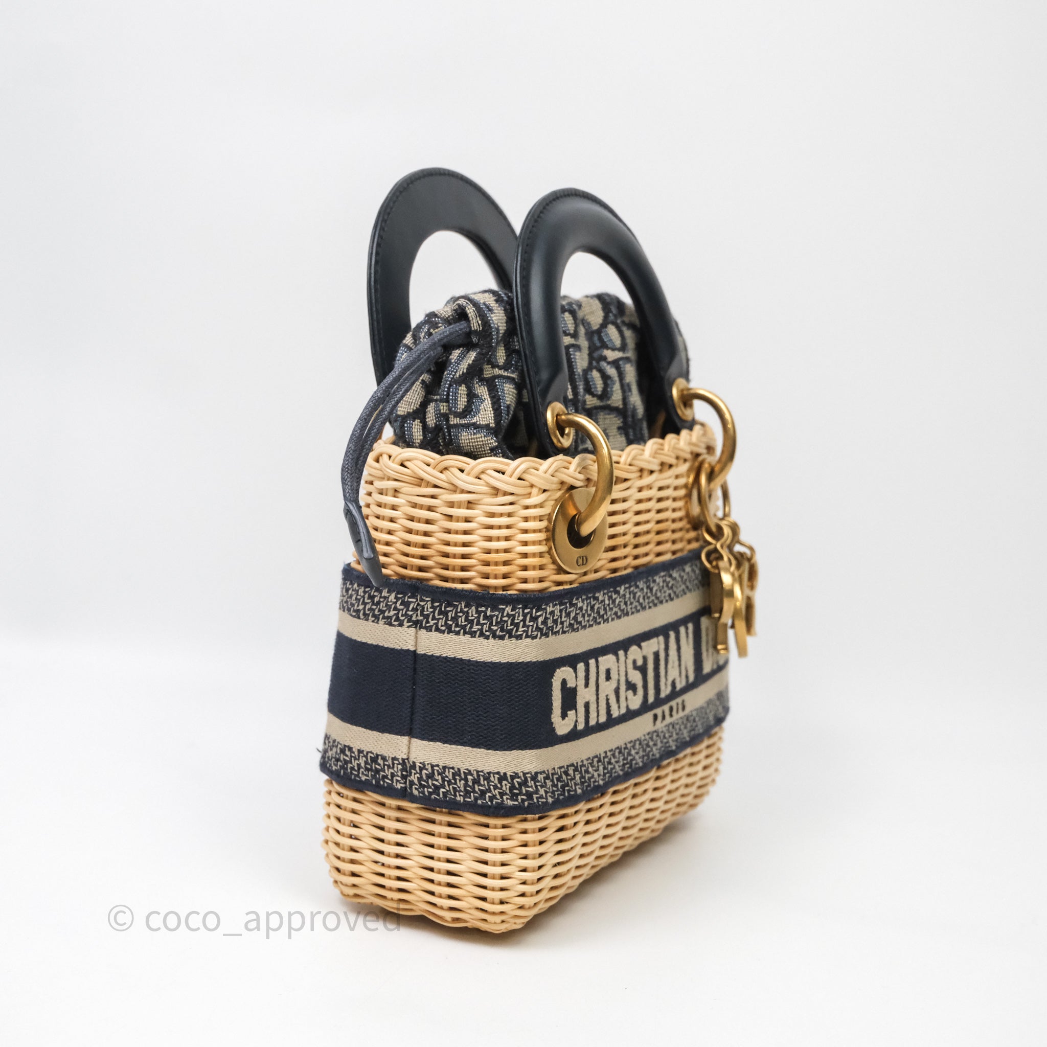 ぴょこたんDIOR Navyゴールド　Mサイズ（12〜13号相当） Christian Dior Small Lady Dior Natural Rattan and Blue Dior