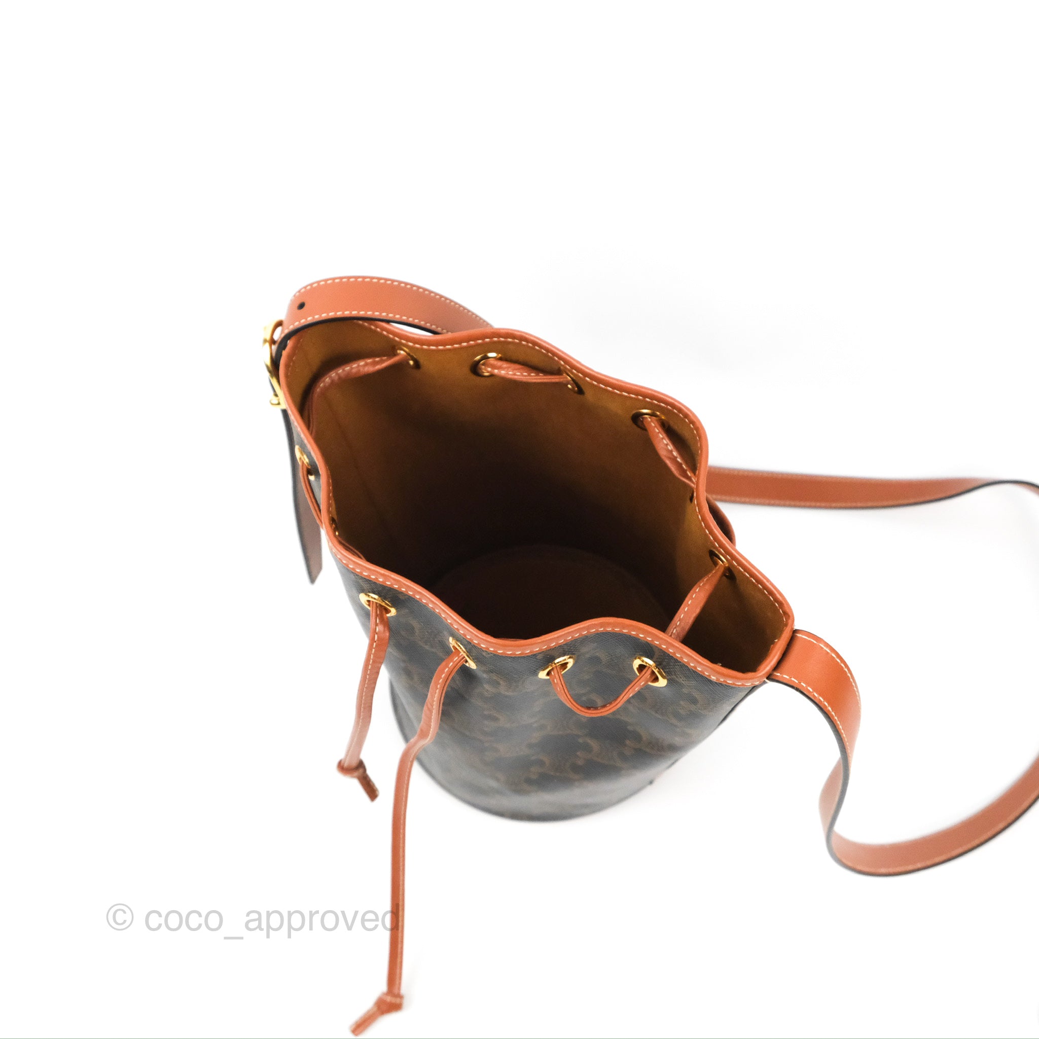Celine Small Drawstring Bucket Bag Triomphe Canvas Tan Calfskin – Coco  Approved Studio