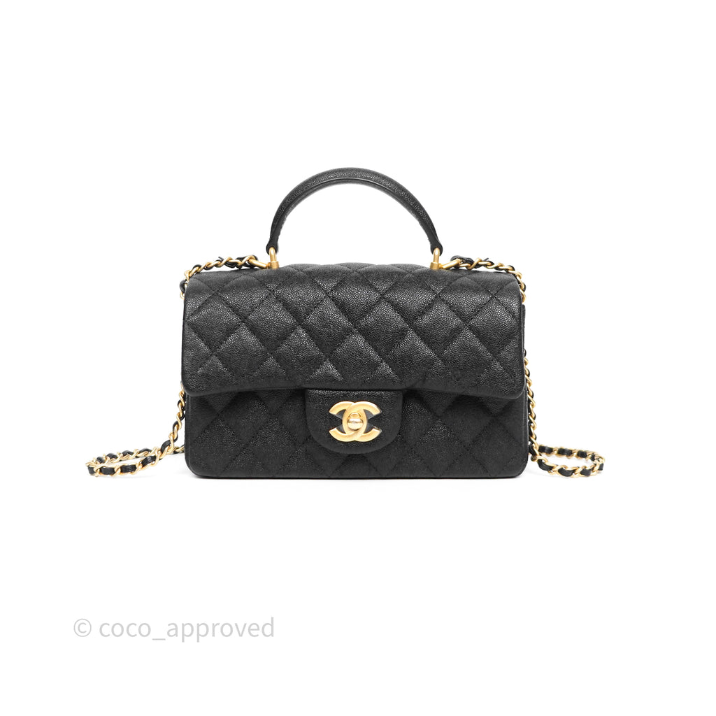 Chanel Top Handle Mini Rectangular Flap Bag Black Caviar Aged Gold Hardware