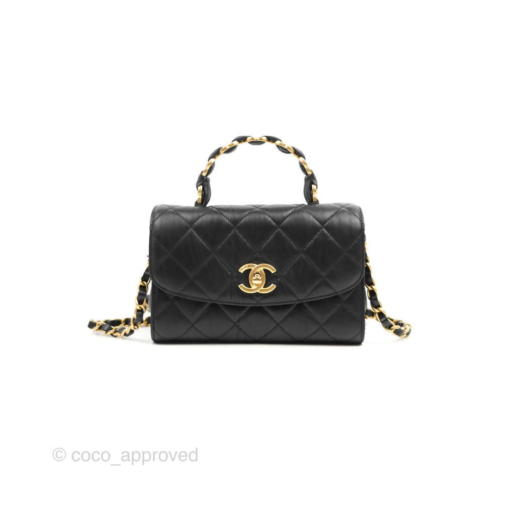 Chanel Mini Flap Bag with Top Handle Black Crumpled Lambskin Aged Gold Hardware