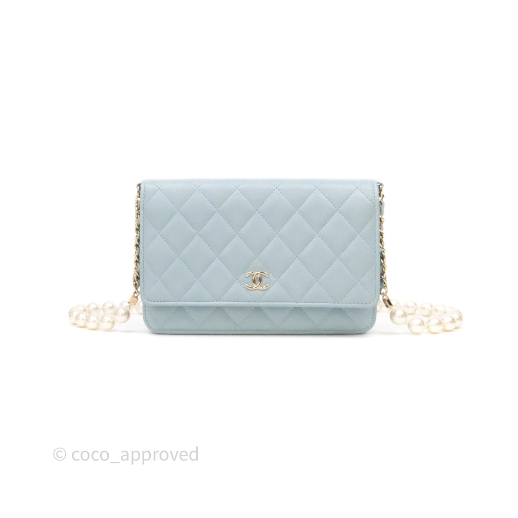 Chanel Pearl Chain WOC Wallet On Chain Light Blue Lambskin Gold Hardware