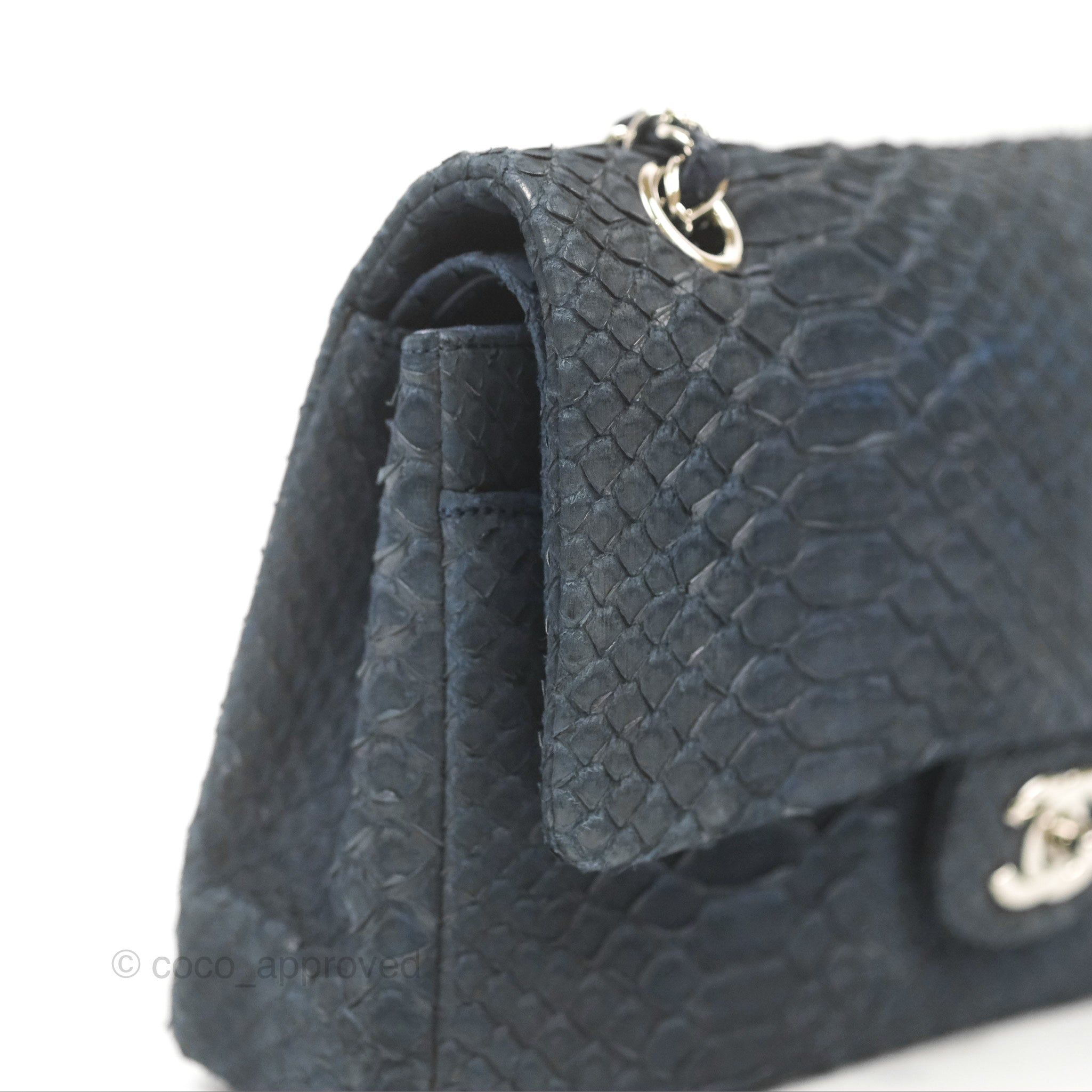 Chanel Classic M/L Medium Flap Navy Python Silver Hardware – Coco Approved  Studio