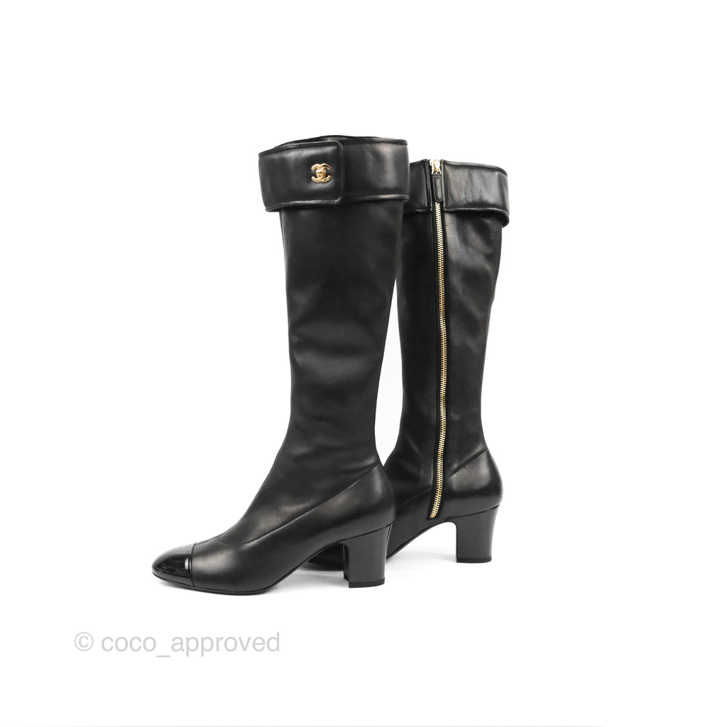 Chanel CC Lock High Boots Black Leather 20C Size 37