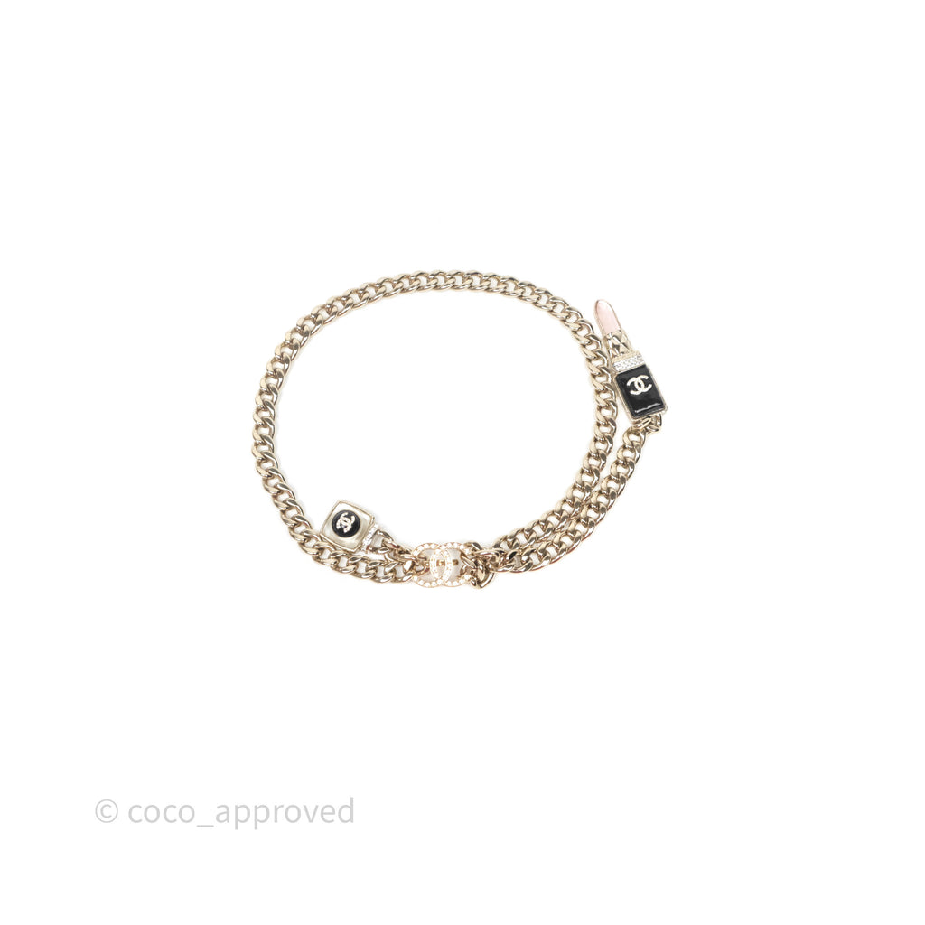 Chanel Crystal Lipstick Charm Pendant Necklace Gold Tone 22C