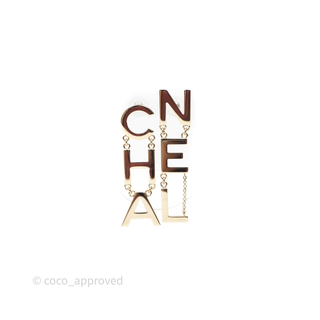 Chanel Letter Cha-Nel Logo Drop Earrings Gold Tone 20V