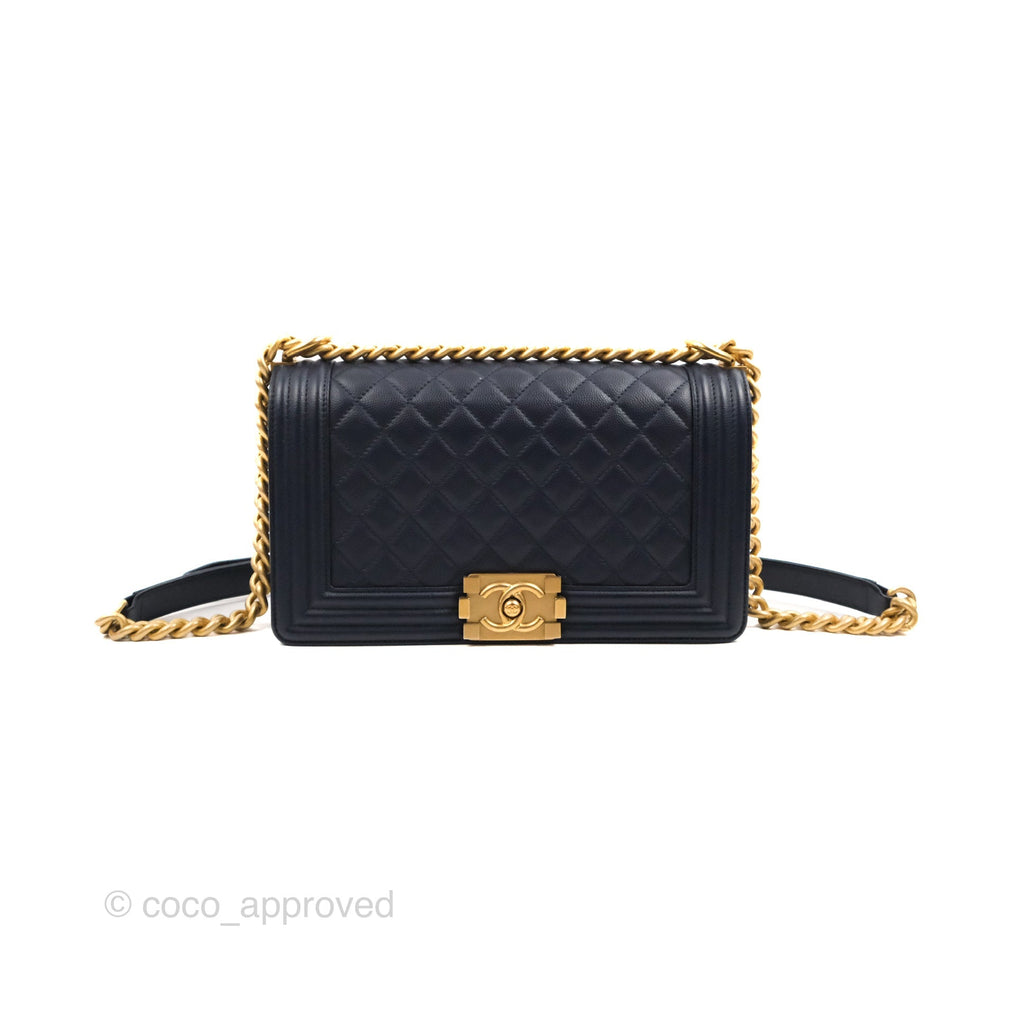 Chanel Quilted Medium Boy Navy Caviar Aged Gold Hardware