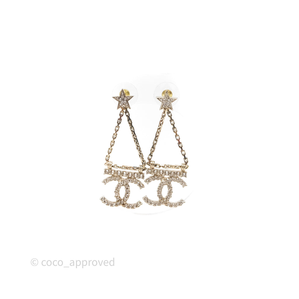 Chanel Crystal CC Star Drop Earrings Gold Tone 22S