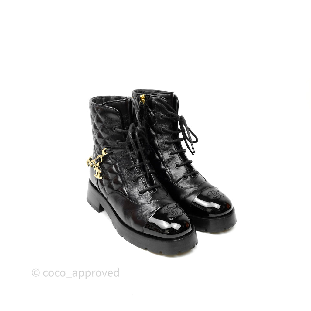 Chanel Patent Chain Lace Up Combat Boots Shiny Calfskin Black Size 36.5