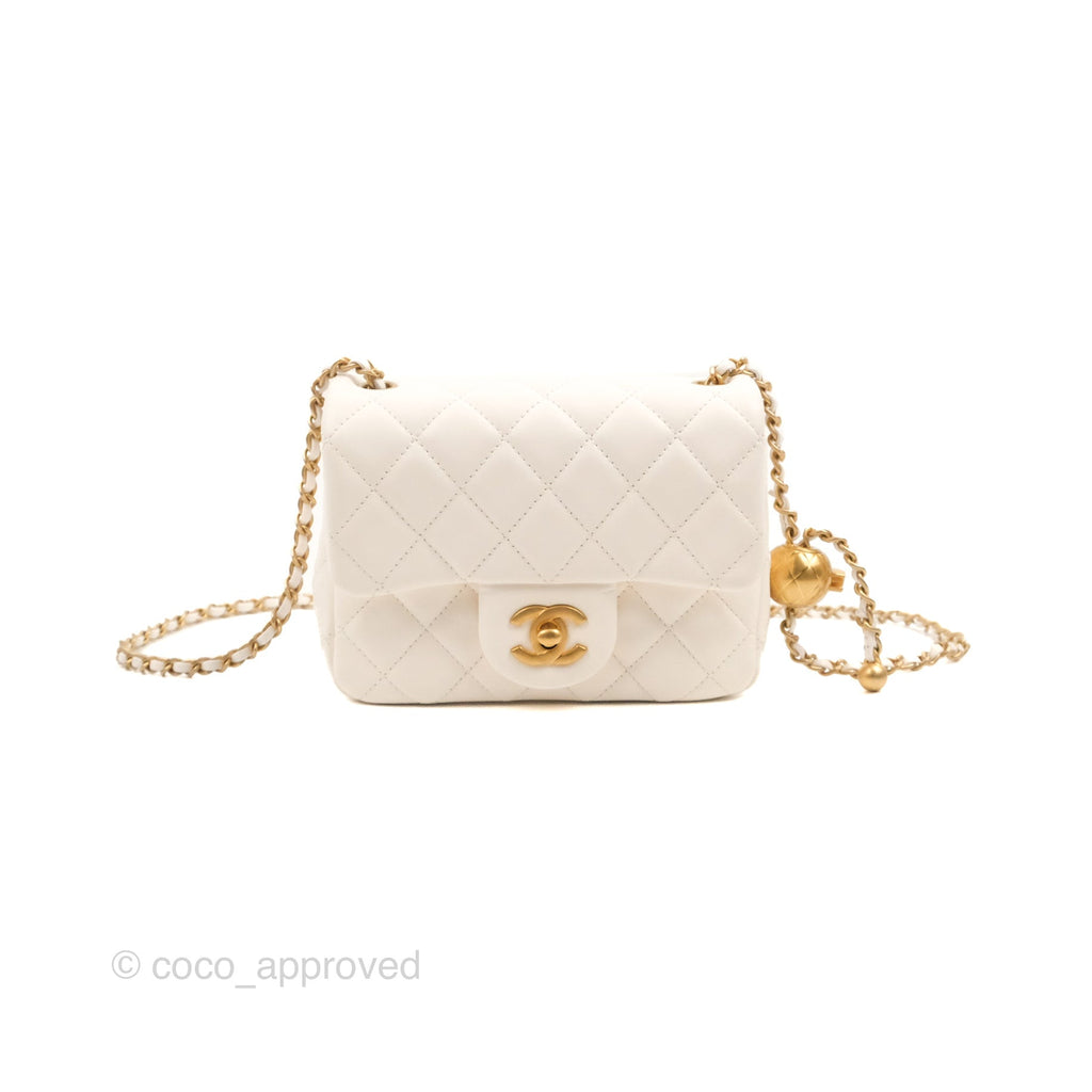 Chanel Mini Square Pearl Crush Quilted White Lambskin Aged Gold Hardware