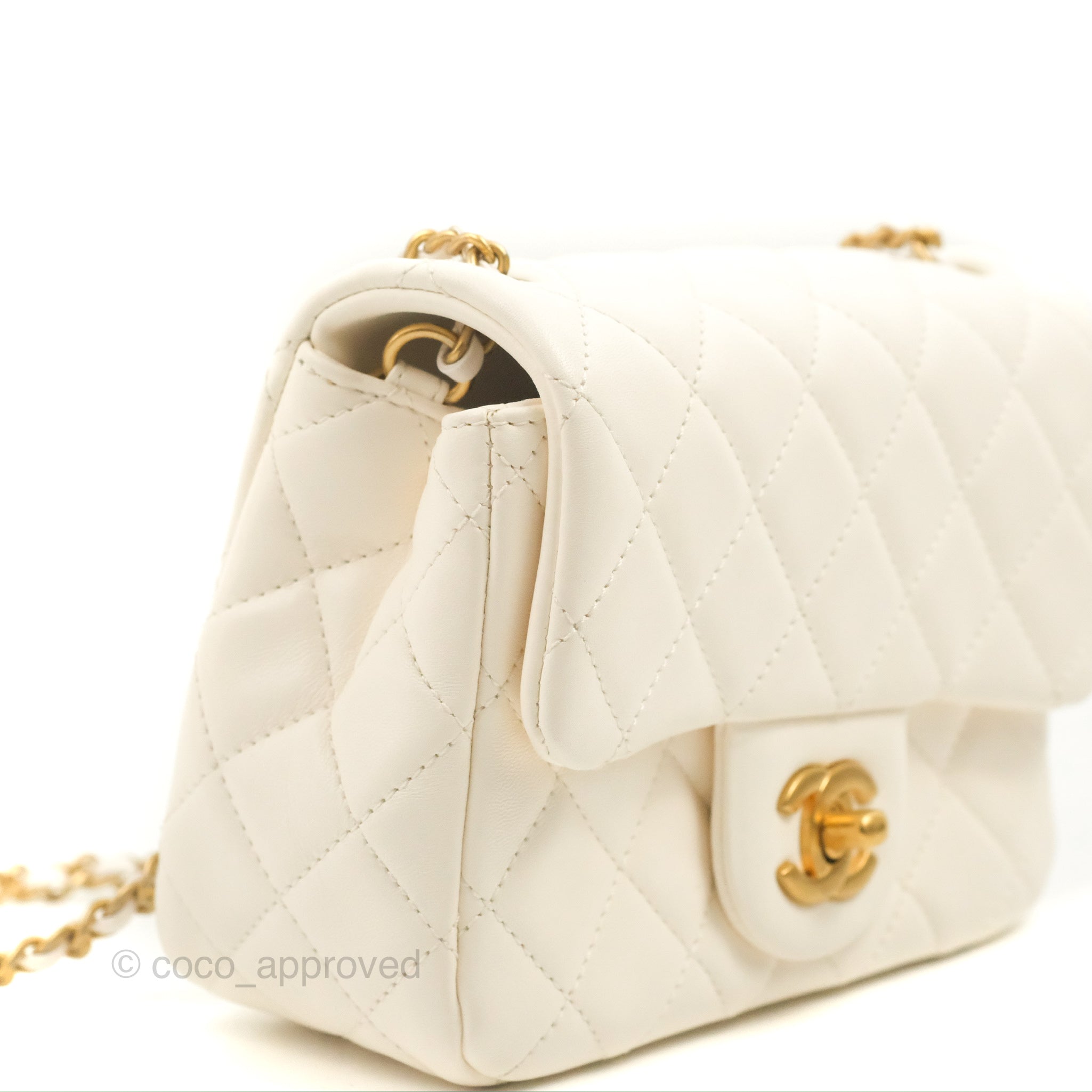 Chanel Mini Square Pearl Crush Quilted White Lambskin Aged Gold